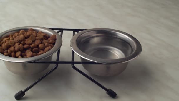 4K makró az egészséges száraz étel kutya vagy macska tányérokban tolókamera. Száraz Állateledel. Táplálkozás macskáknak és kutyáknak. 422. cikk - Felvétel, videó