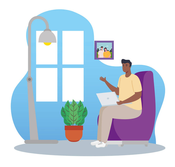 télétravail, homme afro avec ordinateur portable, travail à domicile - Vecteur, image