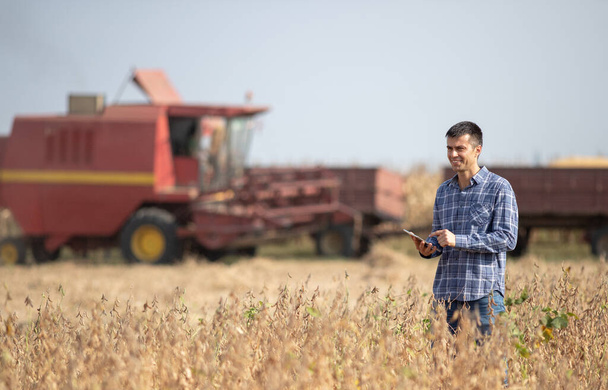 Hübscher Bauer steht auf einem Sojabohnenfeld und hält Tablette in der Hand, während im Hintergrund Mähdrescher und Traktor mit Anhängern arbeiten - Foto, Bild