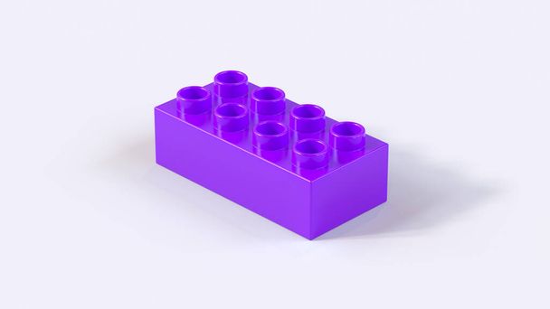 Фиолетовое пластиковое здание Lego Brick на белом фоне. 3d рендер с рабочим путем - Фото, изображение