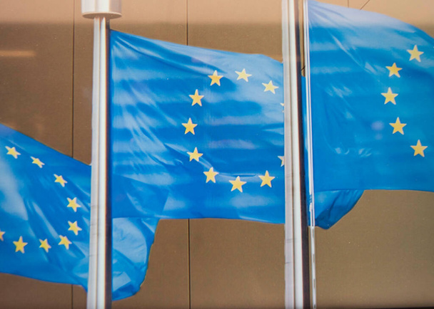 vlajka Evropské unie, modrá vlajka se žlutými hvězdami představujícími EU - Fotografie, Obrázek