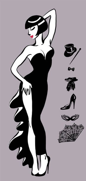 Vector cartoon. Graceful beautiful girl in an evening dress. Cabaret, show, music hall, party. Isolated. Black and white graphics. - Vector, Image