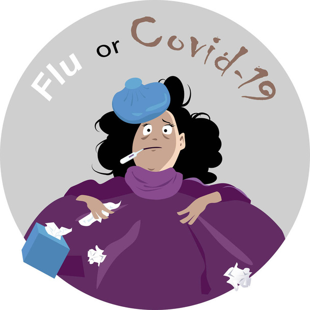 Wystraszona kobieta chora w łóżku z termometrem i workiem z lodem, pytająca, czy ma grypę czy covid-19, ilustracja wektora EPS 8 - Wektor, obraz