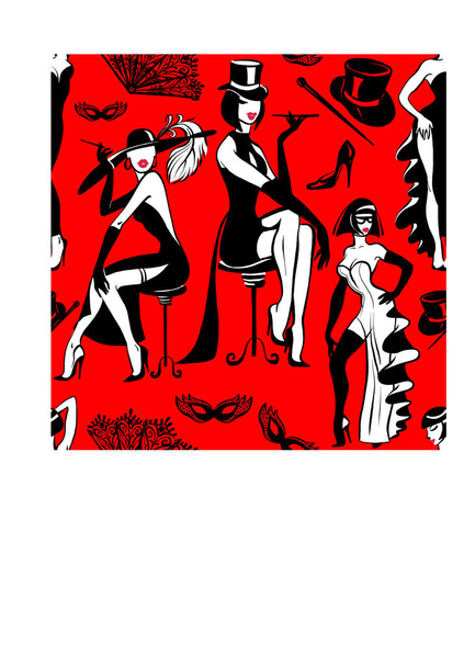 Векторный рисунок на красном фоне. Модный бесшовный узор с очаровательными женщинами в вечерних платьях. Ретро стиль. - Вектор,изображение