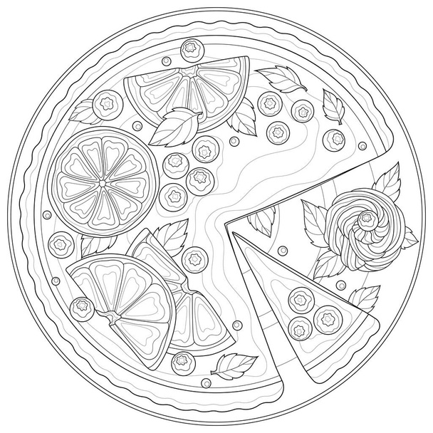 Tart with orange, lemon, blueberries and mint. Delicious dessert.Coloring book antistress for children and adults. Illustration isolated on white background.Black and white drawing.Zen-tangle style. - Vector, Image