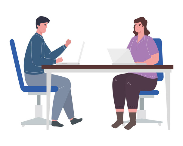 woman and man with laptops at desk working vector design - Vector, Image