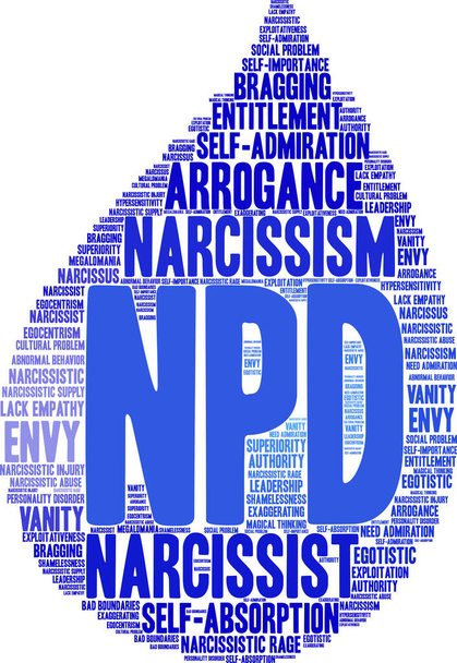 NPD nárcisztikus személyiség zavar szó felhő fehér alapon.  - Vektor, kép