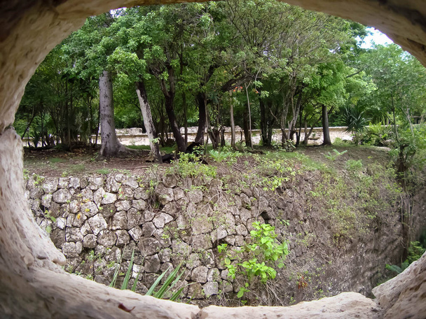 Blick auf eine Mauer aus Steinen und tropischem Dschungel durch ein elliptisches Loch - Foto, Bild