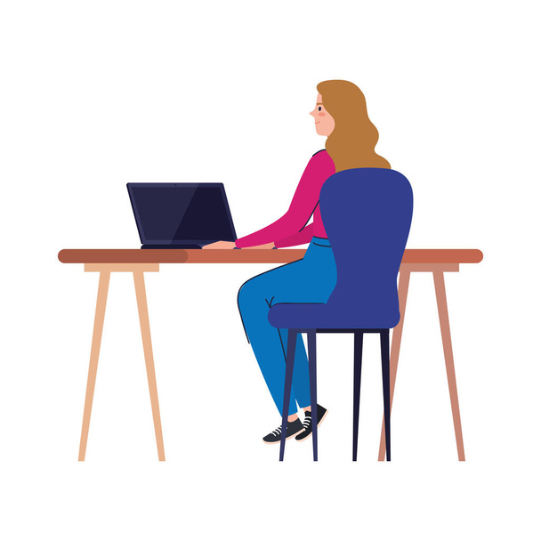 dibujos animados de la mujer con el ordenador portátil en el diseño de vectores de trabajo - Vector, imagen