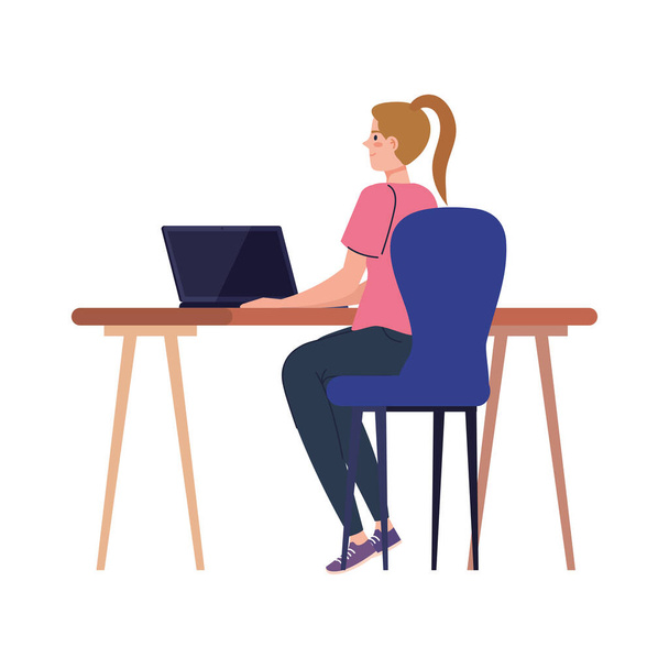 fumetto donna con computer portatile alla scrivania progettazione vettoriale di lavoro - Vettoriali, immagini
