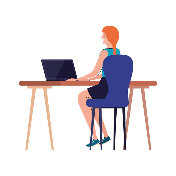 desenho animado mulher com laptop na mesa de trabalho design vetorial - Vetor, Imagem