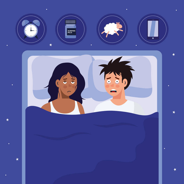 mujer y hombre con insomnio en el diseño del vector de la cama - Vector, imagen