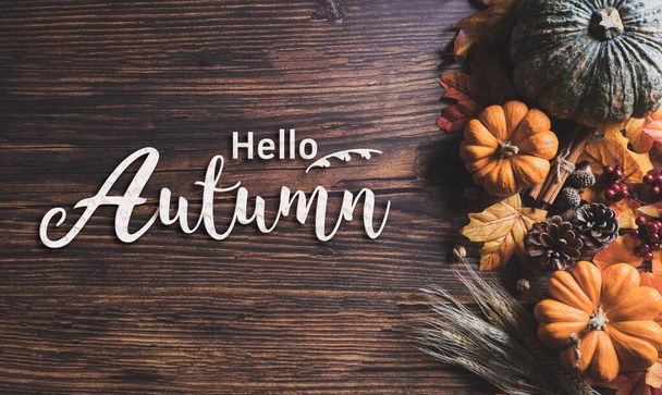 Autumn background decoration from dry leaves and pumpkin on dark wooden background. Flat lay, top view with copy space for Autumn, fall, Thanksgiving concept. - Foto, Imagen