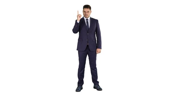Business man pointing up finger making an accent on white backgr - 写真・画像