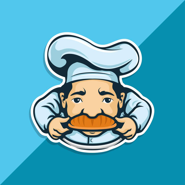 Kochfigur mit Bäckerei auf Schnurrbart. Lebensmittel-Logo. Schriftzug. Vektorillustration - Vektor, Bild