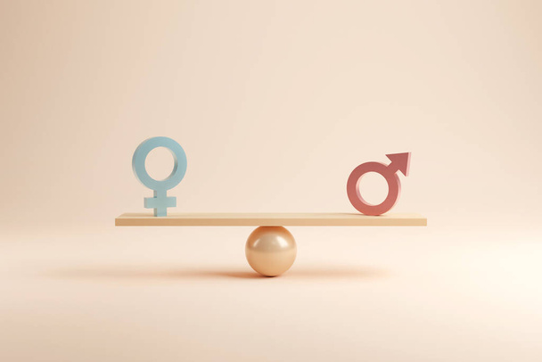 Concepto de igualdad de género. Símbolo masculino y femenino en la balanza con equilibrio sobre fondo azul. estilo mínimo, 3d render. - Foto, Imagen