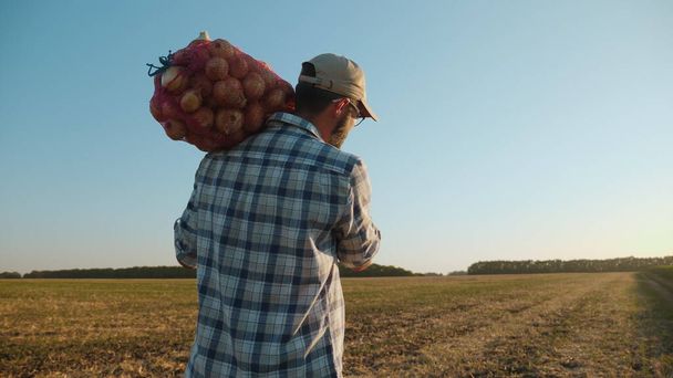 Ένας αγρότης κουβαλάει μια σακούλα κρεμμύδια στον ώμο του. - Φωτογραφία, εικόνα