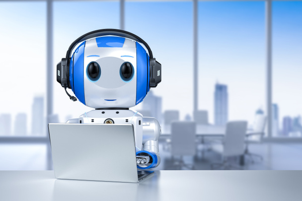 Automatisering customer service concept met 3d rendering leuke robot werken met headset en notebook - Foto, afbeelding