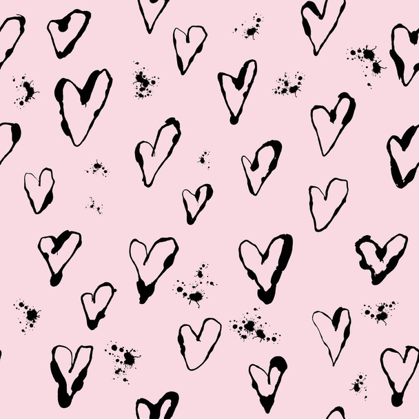 Ink texture large hearts seamless pattern. Black design on pink background. Love symbol, beautiful, romantic design. Hand drawn endless pattern illustration. - Photo, Image