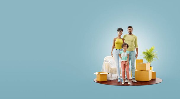 Unusual 3d illustration of a Happy black family enjoying new home. Moving house concept. - Fotó, kép
