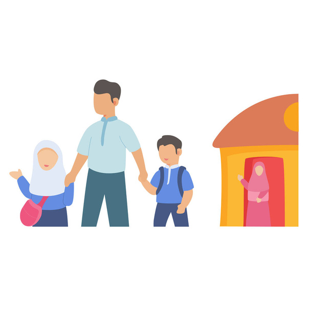 Father holding daughter son hands go to school white isolated background with flat color style - Vector, Image