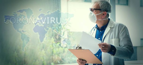 doctor with mask, stethoscope and reports, coronavirus virus concept and infections - Foto, Imagen