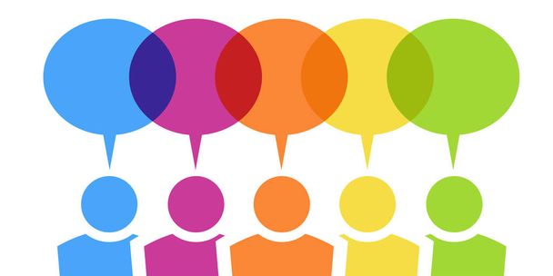 EPS vetor ilustração de cinco pessoas de equipe de cores diferentes com bolhas de fala sobre a cabeça e espaço livre para o texto - Vetor, Imagem