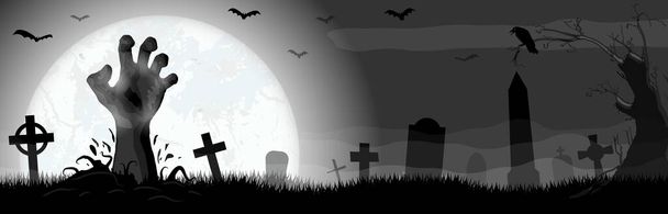 zombie muertos vivientes mano delante de la luna llena con elementos ilustrados de miedo para diseños de fondo de horror de Halloween - Vector, Imagen
