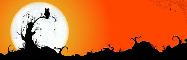 búho oscuro espeluznante sentado en un árbol muerto frente a una luna llena con otros elementos ilustrados de miedo para diseños de fondo de fiesta de Halloween - Vector, Imagen