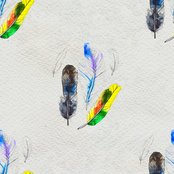 Watercolor feathers seamless pattern. Hand painted texture - Fotoğraf, Görsel