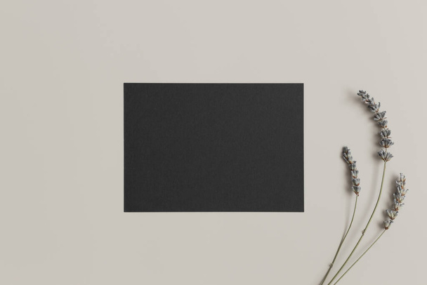 Invitation black card mockup with lavender. 5x7 ratio, similar to A6, A5. - Photo, Image