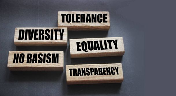Tolerantie, gelijkheid diversiteit en Geen rasistische woorden op houten blokken op grijs. Sociaal bedrijfsconcept - Foto, afbeelding