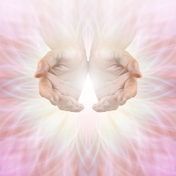 Vraag en het is Gegeven - genezing is voor iedereen - Vrouwelijke cupped handen met een wit licht dat wegstraalt in bloemvorming op een roze citroen etherische achtergrond met kopieerruimte hieronder - Foto, afbeelding