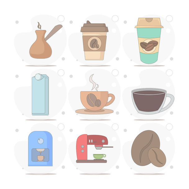 café vector ilustración plana sobre fondo blanco, taza, frijoles. Café para llevar, cafetera, turka. caja de leche - Vector, Imagen