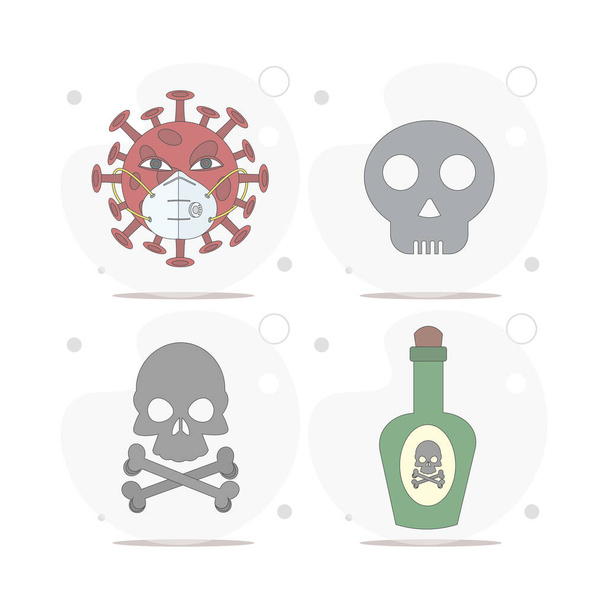 Schädel und Kreuzknochen mit Giftflasche und Coronavirus-Vektor flache Abbildung auf weißem Hintergrund, covid-19 - Vektor, Bild