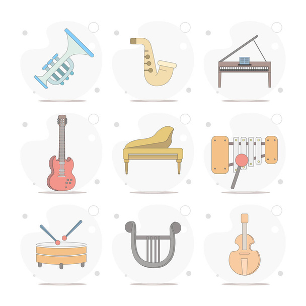 Musikinstrumente vektorflache Illustration auf weißem Hintergrund, Schlagzeug, Flügel, Hackbrett, Barbitos, Geige, Trompete, Saxophon - Vektor, Bild