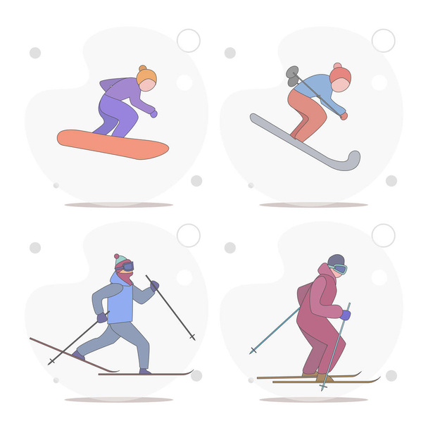 sciatore, snowboarder, sport invernali vettoriale illustrazione piatta su sfondo bianco - Vettoriali, immagini