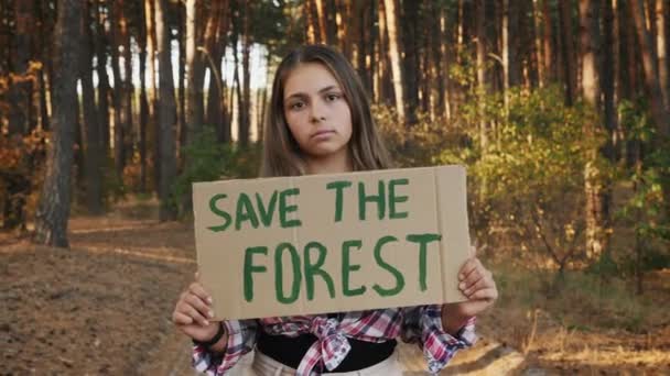 Девушка-активистка с плакатом "Спаси лес" в лесу - Кадры, видео
