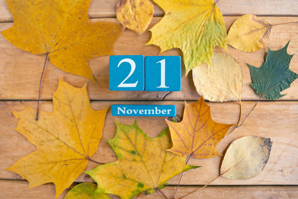 21 de Novembro. Calendário cubo azul com mês e data em fundo de madeira. - Foto, Imagem