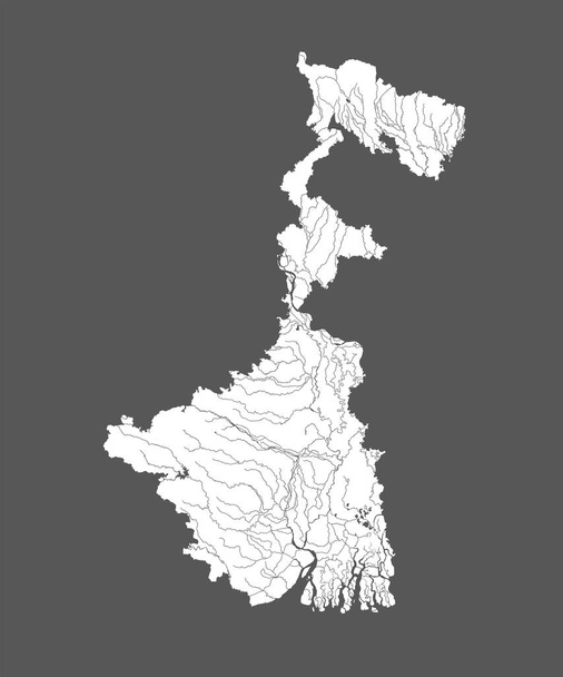 India states mapa de Bengala Occidental. Hecho a mano. Se muestran ríos y lagos. Por favor, mire mis otras imágenes de series cartográficas - todas ellas son muy detalladas y cuidadosamente dibujadas a mano CON RÍOS Y LAGOS. - Vector, Imagen