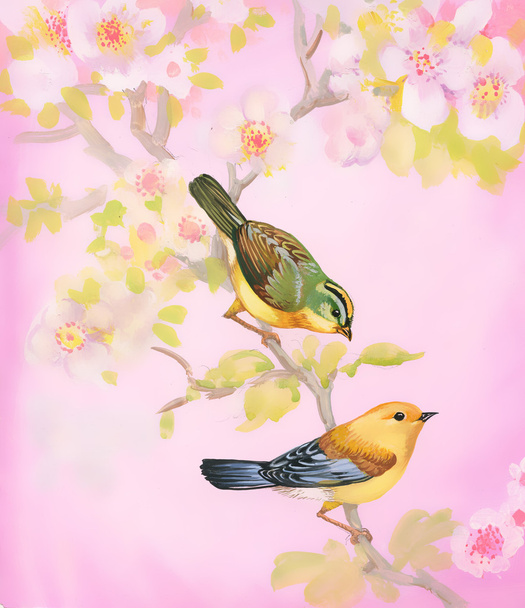 Drawing of beautiful bright birds on branch - Photo, Image