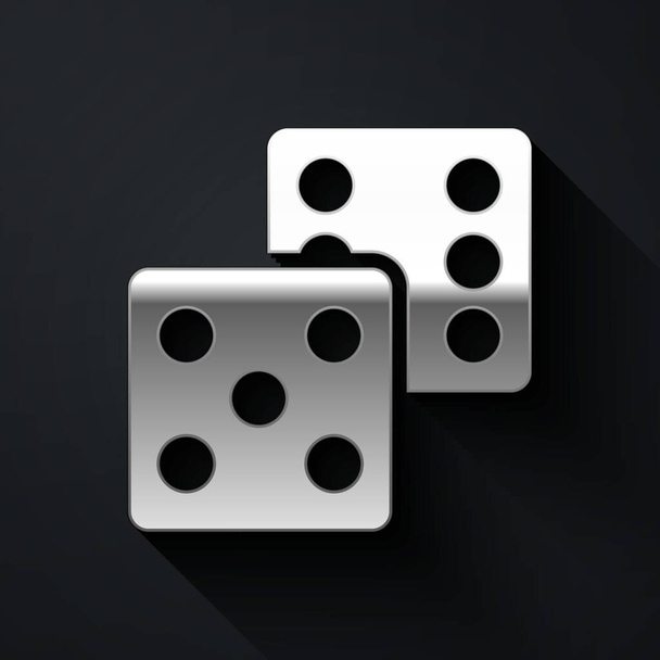 Silver Game dice icon isolated on black background. Casino gambling. Long shadow style. Vector. - Vecteur, image