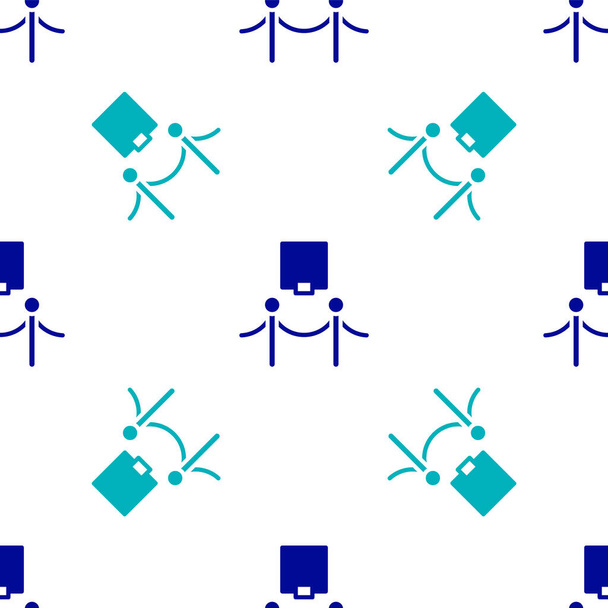 青い画像フレームとロープバリアアイコンは、白の背景にシームレスなパターンを隔離しました。展示保護。美術館ギャラリーのインテリア。ベクトル. - ベクター画像