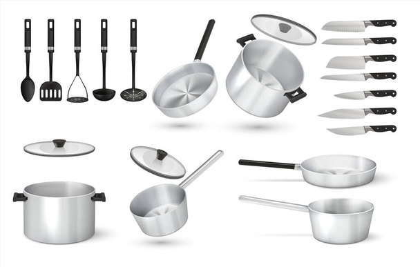 Un utensilio realista. ollas de acero 3D, sartén de metal y cacerola de aluminio, cuchillos y herramientas de cocina. Set aislado vectorial - Vector, imagen
