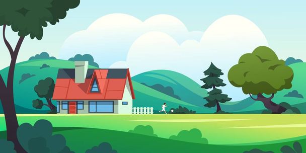 Forest house. Countryside cartoon landscape with rural building among trees and summer nature scene. Vector illustration with home and running kid - Vector, Image