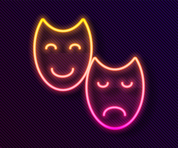 Gloeiende neon lijn Komedie en tragedie theatrale maskers pictogram geïsoleerd op zwarte achtergrond. Vector. - Vector, afbeelding