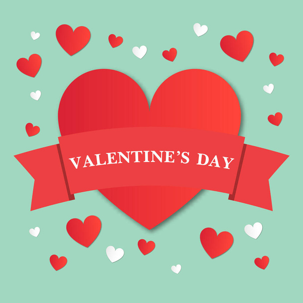 Red heart with a ribbon for Valentine s Day. Turquoise background with hearts. - Vector, Imagen