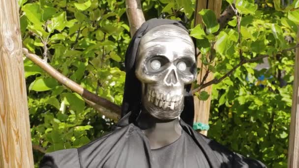 Nahaufnahme eines Skeletts, das neben einem Baum im Garten steht. Halloween-Konzept. - Filmmaterial, Video
