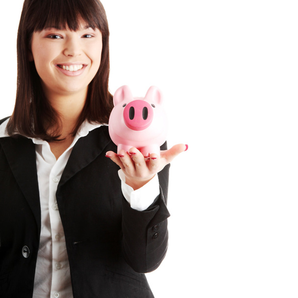 Woman Holding Piggy Bank - Fotoğraf, Görsel