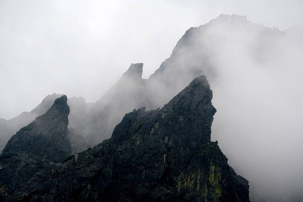                  The peaks of the High Tatras with white clouds. Mountains in the clouds. High Tatras Mountains in Slovakia               - Foto, Imagem